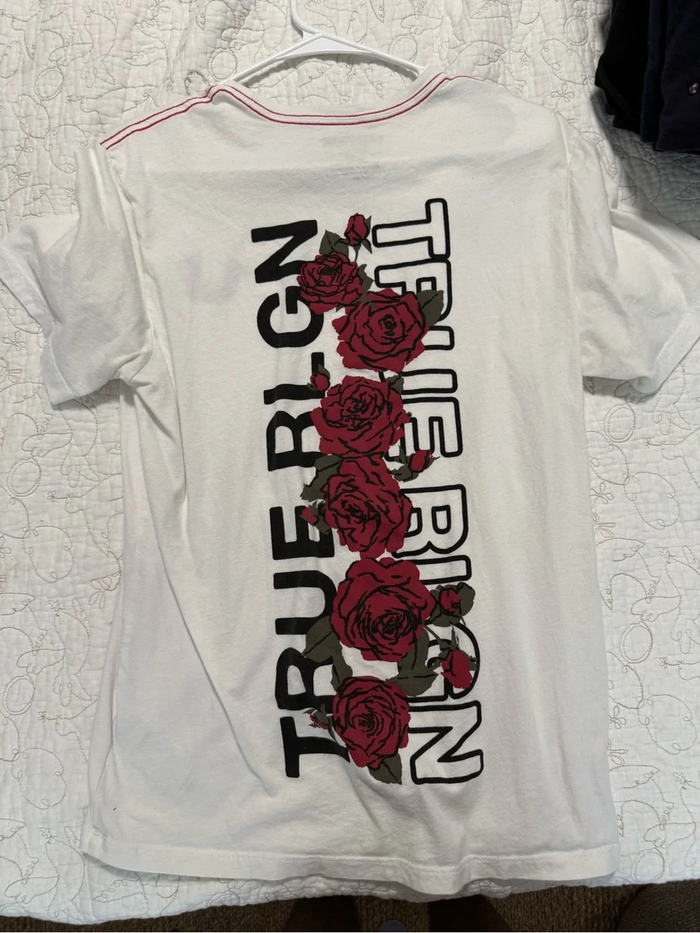 True Religion White Short Sleeve Tee with Black Logo and Red Accent